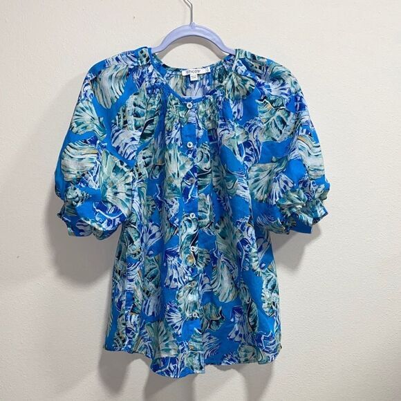 Chico’s Size 2 (US 12) Blue Seashell Puff Sleeve Blouse – Ramie Button Front - Picture 3 of 12